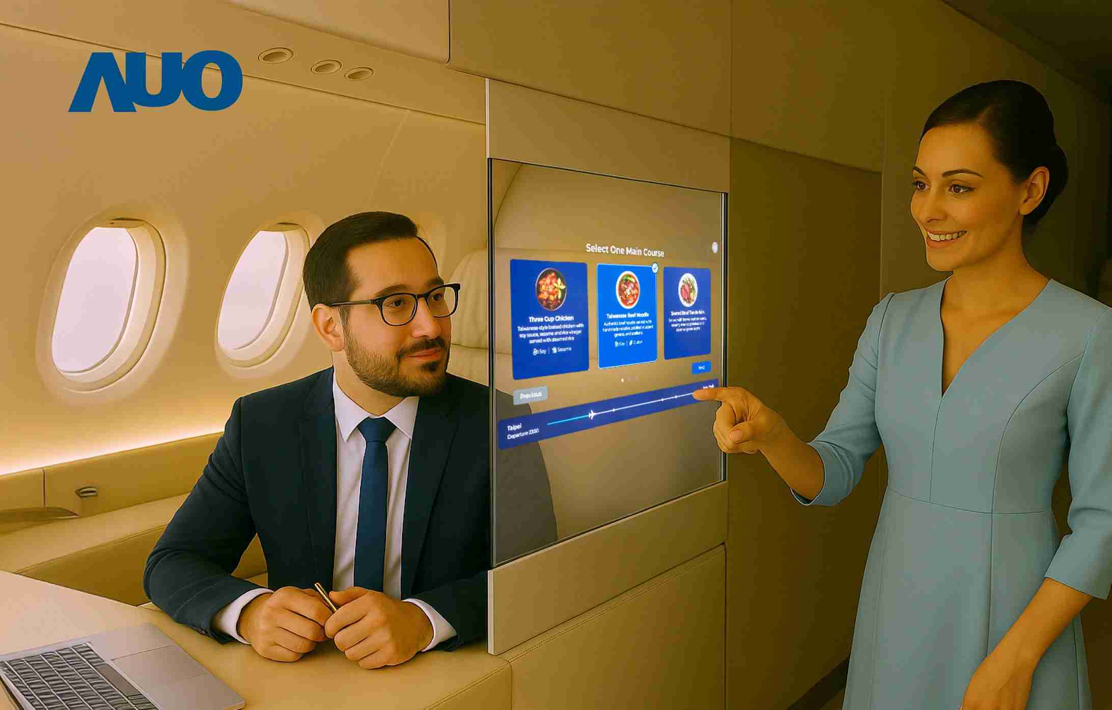 森林舞会研发全球最薄17.3 吋双面透明 Micro LED 显示器，，，可在同一屏幕之双边投射不同信息，，，创造独特的”透明化”互动；图为实时翻译交流应用情境